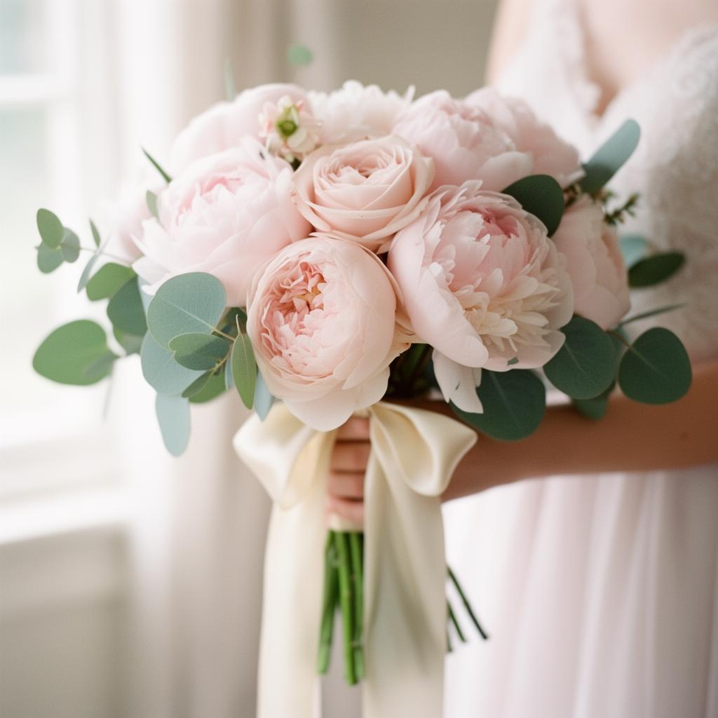 Bride holding a soft pink peony and rose bouquet