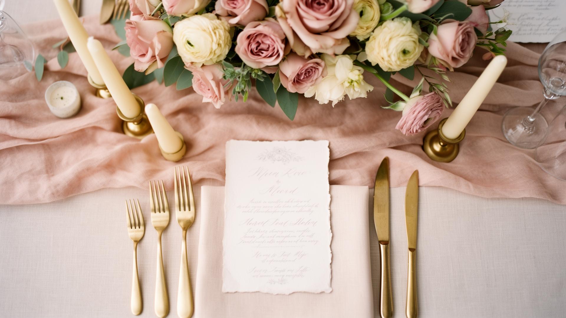 Romantic blush wedding tablescape with garden roses, gold cutlery, and calligraphy menu cards
